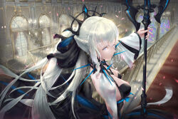 1girl absurdres black_bow black_dress blue_eyes bow braid dress fate/grand_order fate_(series) hair_between_eyes hair_bow half_up_braid highres long_sleeves looking_at_viewer morgan_le_fay_(fate) morgan_le_fay_(third_ascension)_(fate) name1122 polearm ponytail solo spear spikes tiara weapon white_hair