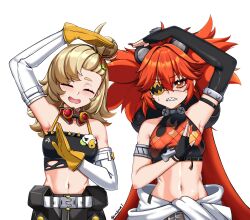 2girls ^_^ asymmetrical_gloves bear_ear_hairband black_gloves blonde_hair blush closed_eyes crop_top detached_sleeves elbow_gloves eyepatch fingerless_gloves flame_print gloves goggles goggles_around_neck heart_arms heart_arms_duo highres koleda_belobog lion_space long_hair multiple_girls navel one_eye_covered piper_wheel red_eyes red_hair simple_background single_elbow_glove smile spiked_shirt sweatdrop uneven_gloves upper_body yellow_gloves zenless_zone_zero