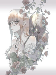 2girls ancient_egyptian_clothes bare_shoulders closed_eyes dual_persona flower glasses grey_eyes hand_on_another&#039;s_chest hand_on_own_chest highres long_hair multiple_girls orange_hair persona persona_5 plant rose ryokuyuu sakura_futaba shadow_futaba upper_body vines