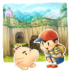 bad_tag bent_over black_hair child doseisan hat jeff_andonuts legs mother_(series) mother_2 ness_(mother_2) nintendo paula_(mother_2) poo_(mother_2) red_hat shirt shoes shorts shota smile socks striped_clothes striped_shirt super_smash_bros.
