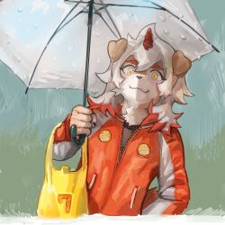 1boy arknights carrying_bag claws colored_tips commentary_request dido_(di_do_di_do) elbow_carry furry furry_male highres holding holding_umbrella horns hung_(arknights) jacket komainu_boy komainu_ears komainu_tail looking_at_viewer male_focus multicolored_hair orange_eyes orange_jacket single_horn umbrella zipper
