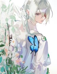1boy alternate_costume anaxa_(honkai:_star_rail) aqua_hair back blue_butterfly blue_eyes bug butterfly eyepatch highres honkai:_star_rail honkai_(series) insect looking_at_viewer male_focus one_eye_covered parted_lips red_pupils shirt solo teeth twitter_username upper_body white_background white_shirt yulm315001