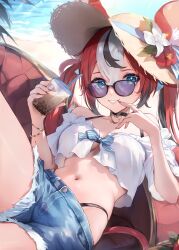 1girl absurdres animal_ears beach bikini bikini_under_clothes black_hair bracelet breasts bubble_tea cutoffs day ears_through_headwear hakos_baelz hat highleg highleg_bikini highres hololive hololive_english jewelry klopsiak looking_at_viewer medium_breasts mouse_ears mouse_girl mouse_tail multicolored_hair navel outdoors red_hair shorts smile solo streaked_hair sunglasses swimsuit tail twintails virtual_youtuber white_hair