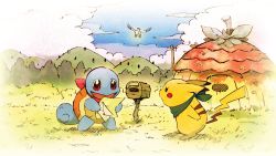 artist_request bandana black_eyes blue_sky blush_stickers bush cloud creatures_(company) day door envelope flag flying from_behind from_side full_body game_freak gen_1_pokemon gen_3_pokemon grass happy holding house letter looking_at_another mailbox mountain nintendo no_humans official_art open_mouth outdoors paper pelipper pikachu pokemon pokemon_(creature) pokemon_mystery_dungeon pokemon_mystery_dungeon:_rescue_team_dx pole profile reading red_eyes sky smile squirtle standing tree