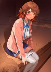 1girl a1_(initial-g) ahoge bed blue_ribbon blue_skirt blush breasts brown_eyes brown_hair cardigan closed_mouth collared_shirt commentary_request erection gakuen_idolmaster gradient_hair hair_bun hanami_ume highres idolmaster indoors long_sleeves medium_breasts multicolored_hair neck_ribbon on_bed open_cardigan open_clothes panties pink_cardigan ribbon school_uniform shirt single_side_bun sitting skirt steaming_body thighhighs thighs underwear variant_set white_panties white_shirt white_thighhighs