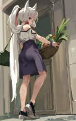 Rule 34 | 1girl, animal ear fluff, animal ears, bag, bare shoulders, basket, black shoes, blush, closed mouth, commentary request, door, food, food request, grey shirt, highres, holding, holding basket, lamb (hitsujiniku), long hair, looking at viewer, looking back, no socks, off shoulder, outdoors, ponytail, purple eyes, purple skirt, shirt, shoe soles, shoes, short sleeves, shoulder bag, skirt, solo, touhoku itako, very long hair, voiceroid, wavy mouth, white hair