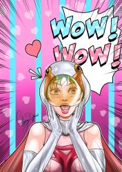 ! 1girl animal_helmet artist_request belt bird blush bodysuit breasts cape cowboy_shot elbow_gloves eyelashes gatchaman gloves goose grey_eyes grey_hair heart jun_the_swan lips looking_at_viewer open_mouth parted_lips signature smile solo surprised white_belt white_cape white_gloves