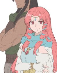 1boy 1girl black_hair brown_shirt circlet crossed_arms deen_(fire_emblem:_thracia_776) dress ebinku eyes_out_of_frame fingerless_gloves fire_emblem fire_emblem:_thracia_776 gloves head_out_of_frame highres linoan_(fire_emblem) long_hair looking_at_viewer nintendo pink_eyes pink_hair shirt sleeveless sleeveless_shirt smile solo_focus white_dress