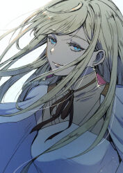 1girl artist_name bhachi88888888 blonde_hair blue_eyes breasts capelet commentary_request earrings gigi_andalusia gundam gundam_hathaway&#039;s_flash highres jewelry long_hair looking_at_viewer medium_breasts neck_ribbon ribbon simple_background smile solo triangle_earrings twitter_username upper_body white_background white_capelet