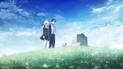 1boy 1girl bare_legs belt belt_buckle black_dress black_jacket black_pants blazer blue_hair blue_sky bouquet buckle buttons chaos;child chest_bow cloud cloudy_sky collared_shirt cropped_jacket day double-breasted dress expressionless eyebrows_hidden_by_hair field flower frown full_body game_cg gold_buttons grass grave hair_over_one_eye highres hill jacket lapels long_hair looking_at_object looking_down minamisawa_senri miniskirt miyashiro_takuru nature necktie notched_lapels official_art on_grass on_ground open_clothes open_jacket outdoors pants pink_hair plant red_necktie sailor_collar sailor_shirt sasaki_mutsumi scenery shirt short_hair skirt sky solo standing thighs tombstone twintails v-shaped_eyebrows wavy_hair white_belt white_sailor_collar white_shirt