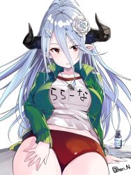 1girl alternate_costume blue_hair bottle breasts buruma draph female_focus flower granblue_fantasy green_jacket gym_shirt hair_between_eyes hair_flower hair_ornament hairclip highres hip_focus horns izmir jacket large_breasts long_hair looking_to_the_side mole mole_under_mouth name_tag nino_(shira) pointy_ears ponytail red_buruma red_eyes shirt simple_background sitting smile snowflake_hair_ornament solo track_jacket very_long_hair whistle white_background white_shirt