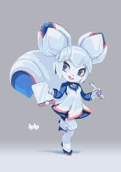 1girl :d absurdres android animal_nose blue_eyes blue_nails character_name commentary double_bun drawing_tablet dress english_commentary female_focus flower-shaped_pupils furry furry_female gradient_background grey_background hair_bun highres holding holding_drawing_tablet holding_pen kiki_the_cyber_squirrel krita_(medium) krita_(software) leg_up long_sleeves mascot multicolored_eyes multicolored_nails nail_polish open_mouth pen pink_eyes pink_nails simple_background smile solo squirrel squirrel_girl squirrel_tail standing symbol-shaped_pupils tail tyson_tan white_hair