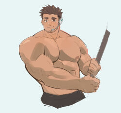 Rule 34 | 1boy, abs, anoko nai, bara, black shorts, brown hair, closed mouth, earpiece, facial hair, goatee stubble, grey background, hashtag-only commentary, highres, looking at viewer, male focus, muscular, muscular male, nipples, paddy (xxl), pectorals, shorts, smile, stubble, topless male, xxl woofia