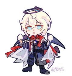 1boy :o absurdres arknights bie_rou_jiang black_coat black_gloves black_halo blonde_hair blue_eyes chibi chibi_only chinese_commentary coat commentary_request executor_(arknights) fingerless_gloves food full_body gloves hair_between_eyes halo highres holding holding_food holding_ice_cream holding_ice_cream_cone ice_cream ice_cream_cone long_sleeves looking_at_viewer male_focus open_mouth short_hair simple_background solo standing white_background