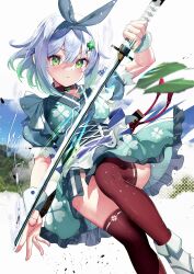 1girl black_hairband blue_hair blush bow_hairband breasts closed_mouth collar commission floral_print floral_print_kimono frilled_kimono frills gradient_hair green_eyes green_hair green_kimono hair_between_eyes hair_ornament hairband hand_up haruhina_purple highres holding holding_sword holding_weapon indie_virtual_youtuber japanese_clothes katana kimono looking_at_viewer medium_breasts multicolored_hair print_kimono red_thighhighs sheath short_hair short_sleeves skeb_commission solo sword symbol-shaped_pupils thighhighs unsheathed virtual_youtuber weapon white_footwear wrist_cuffs yotuba_mahiro