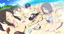 5girls all_fours aqua_bikini ass beach bikini black_bikini black_hat blonde_hair blue_bikini blue_eyes blue_hair blue_sky blush_stickers bow breasts brown_hair butt_crack cleavage closed_eyes floral_print flower game_cg green_bikini green_eyes grey_hair hair_bow hair_flower hair_ornament hairband hannya hat highres large_breasts long_hair lying mask minori_(senran_kagura) mouth_hold multiple_girls murakumo_(senran_kagura) noh_mask non-web_source official_art on_stomach outdoors panties panties_in_mouth parted_bangs polka_dot purple_panties red_eyes senran_kagura senran_kagura_estival_versus shiki_(senran_kagura) short_hair sidelocks sitting skull_print sky striped_clothes striped_panties swimsuit tearing_up twintails underwear wariza water white_bow white_hairband white_panties yaegashi_nan yozakura_(senran_kagura) yumi_(senran_kagura)