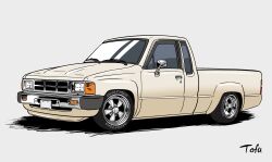 artist_name from_side goodyear grey_background highres k.tofu motor_vehicle no_humans original pickup_truck shadow toyota toyota_hilux truck vehicle_focus