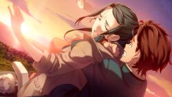 Rule 34 | 1boy, 1girl, asymmetrical bangs, black hair, blazer, blue jacket, blue pants, breasts, brown jacket, chuo tanegashima high school uniform, chuo tanegashima high winter school uniform, cleavage, clenched teeth, cliff, closed mouth, collared shirt, constricted pupils, dutch angle, exoskeleton, fingernails, from behind, from side, fukuda tomonori, game cg, grass, grey eyes, hair ornament, hairpin, hands up, highres, imminent death, imminent jump, irei mizuka, jacket, lace-trimmed tank top, lapels, long hair, looking at another, looking back, medium breasts, narrowed eyes, nervous sweating, non-web source, notched lapels, ocean, official art, open clothes, open jacket, open mouth, pants, ponytail, prosthesis, red eyes, red hair, restrained, robotics;notes, school uniform, shirt, short hair, sunlight, sunset, sweat, sweatdrop, tank top, teeth, tongue, watch, white shirt, wide-eyed, wristwatch, yashio kaito