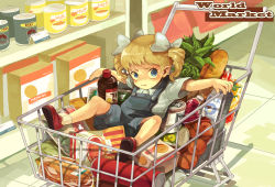 1girl :t apple972 bad_id bad_pixiv_id blonde_hair blue_eyes bottle bow bread cabbage can child female_focus food frown fruit hair_bow highres holding inzup milk orange_(fruit) original outstretched_arms overalls shelf shoes shop shopping shopping_cart sitting solo spread_arms supermarket twintails vegetable