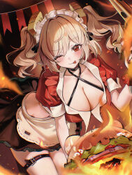 1girl apron blonde_hair breasts burger burnice_white burnice_white_(operation_yum_2025) cleavage closed_mouth commentary english_commentary floating_hair food highres large_breasts medium_hair midriff official_alternate_costume one_eye_closed red_eyes shirt short_sleeves skirt smile solo thigh_strap tongue tongue_out two_side_up white_apron white_headdress zenless_zone_zero zije