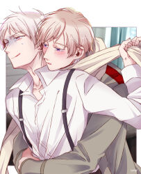 2boys axis_powers_hetalia bandaged_neck bandages blonde_hair blurry blurry_background blush border clothes_grab coat collarbone collared_shirt commentary_request curtains grey_coat grey_hair hand_up highres hug hug_from_behind indoors long_sleeves looking_afar looking_at_another male_focus multiple_boys open_mouth outside_border prussia_(hetalia) purple_eyes russia_(hetalia) sad scarf shirt short_hair smile suspenders sweatdrop tearing_up upper_body user_zgxg5478 white_border white_scarf white_shirt window yaoi