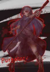 1girl barefoot blood blood_on_clothes blood_on_face bloody_weapon blue_hair cleaver degtyaryov2952 dress empty_eyes enri_louvre evil_smile grey_dress highres holding holding_weapon long_hair naraku naraku_1 red_eyes smile solo weapon