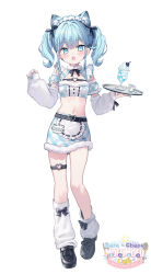 1girl :o animal_ear_fluff animal_ears belt belt_buckle black_belt black_shoes blue_eyes blue_hair blue_skirt breasts buckle commentary_request detached_sleeves frilled_sleeves frills full_body fur-trimmed_skirt fur_trim heart heart-shaped_buckle highres indie_virtual_youtuber long_sleeves loose_socks navel open_mouth plaid_clothes plaid_skirt plaid_sleeves puffy_long_sleeves puffy_short_sleeves puffy_sleeves saeki_sora saeki_sora_(vtuber) shoes short_sleeves simple_background skirt sleeves_past_wrists small_breasts socks solo standing twintails virtual_youtuber white_background white_sleeves white_socks