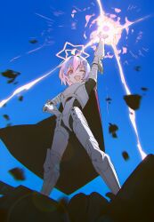 1girl ahoge alternate_costume armor blue_archive blue_eyes blue_hair cape casting_spell from_below hair_between_eyes hair_ornament hand_on_own_hip long_hair looking_at_viewer multicolored_hair okashi_please one_eye_closed open_mouth pink_hair plate_armor purple_cape reisa_(blue_archive) sidelocks solo star_(symbol) star_hair_ornament two-tone_hair white_armor