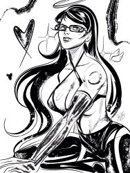 1girl 2023 alternate_hairstyle arms_at_sides bare_shoulders bayonetta bayonetta_(series) bikini bikini_top_only breasts cleavage collarbone commentary criss-cross_halter elbow_gloves english_commentary female_focus floral_print glasses gloves greyscale halo halterneck heart highres knee_up large_breasts lipstick long_hair looking_at_viewer makeup mole mole_under_mouth monochrome pants revealing_clothes shoulder_tattoo smile smug solo sparkle standing standing_on_one_leg straight_hair swept_bangs swimsuit tattoo thick_lips valemi_bird wavy_hair