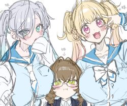 3girls :d age_difference ahoge arm_up bad_id bad_twitter_id black_jacket blonde_hair blue_eyes blue_sailor_collar blue_serafuku blue_shirt blush bow braid breast_envy breast_press breasts brown_hair closed_mouth collarbone collared_shirt eyes_visible_through_hair face_to_breasts fang girl_sandwich glasses green_eyes grey_hair hand_to_own_mouth hand_up head_tilt height_difference highres jacket large_breasts long_hair long_sleeves looking_at_viewer low_twin_braids minase_alice_(yayoi_maka) minase_eve_(yayoi_maka) minase_satsuki_(yayoi_maka) multiple_girls neckerchief open_mouth original pink_eyes pout sailor_collar sandwiched school_uniform scowl serafuku shirt siblings simple_background single_sleeve_past_fingers sisters sketch skin_fang smile standing translated twin_braids twintails upper_body v v_over_eye white_background white_neckerchief white_shirt yayoi_maka