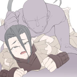 1boy 1girl absurdres black_eyes black_hair breast_press breasts capcom clothed_female_nude_male colored_skin cyrano_(aazzss3) defeat faceless faceless_male gauntlets grabbing_another&#039;s_hair grey_skin hair_between_eyes hetero high_ponytail highres ibuki_(street_fighter) long_hair lying matching_hair/eyes ninja nude on_stomach open_mouth ponytail prone_bone rape sex sex_from_behind sidelocks simple_background street_fighter street_fighter_iii_(series) tearing_up