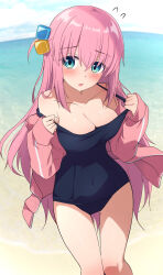 Rule 34 | 1girl, aqua eyes, blue one-piece swimsuit, blush, bocchi the rock!, breasts, cube hair ornament, day, eniraka, fanged bangs, gotoh hitori, hair between eyes, hair ornament, highres, jacket, large breasts, long hair, long sleeves, one-piece swimsuit, one side up, open clothes, open jacket, open mouth, outdoors, pink hair, pink jacket, school swimsuit, solo, swimsuit, thighs, track jacket