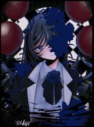 1girl ado_(utaite) balloon black_bow black_bowtie black_hair blue_eyes blue_flower blue_rose bow bowtie brooch chando_(ado) closed_mouth collared_shirt commentary_request dress_shirt flower flower_brooch highres jewelry mole mole_under_eye rose shirt solo tokage_6666 upper_body utaite white_shirt