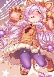 1girl animal_costume animal_hands dress fangs flat_chest gloves granblue_fantasy hair_ornament hair_over_one_eye halloween harvin highres jack-o&#039;-lantern jack-o&#039;-lantern_hair_ornament lion_costume lion_tail long_hair looking_at_viewer niyon_(granblue_fantasy) niyon_(lejonskrik)_(granblue_fantasy) pantyhose paw_gloves paw_shoes purple_hair red_eyes solo tail twintails very_long_hair yggsil