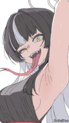1girl armpits azami_(blue_archive) black_hair blue_archive breasts commentary_request fangs forked_tongue halo long_hair long_tongue looking_at_viewer niwlite open_mouth sideboob simple_background slit_pupils solo tongue twitter_username uneven_eyes white_background white_hair yellow_eyes