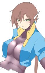 1girl aile_(mega_man_zx) bodystocking breasts brown_hair closed_mouth covered_navel green_eyes highres large_breasts layered_sleeves long_hair long_sleeves looking_at_viewer mega_man_(series) mega_man_zx mega_man_zx_advent ponytail robot_ears short_over_long_sleeves short_sleeves simple_background skin_tight solo tgxx3300 white_background
