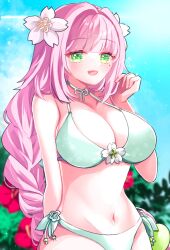 1girl bikini braid breasts cleavage flower green_eyes hair_flower hair_ornament hibiscus highres karingityou large_breasts long_hair looking_at_viewer mole mole_under_eye navel open_mouth pink_hair rune_factory rune_factory:_guardians_of_azuma side-tie_bikini_bottom single_braid smile solo swimsuit ulalaka