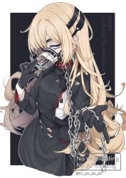 1girl blonde_hair blue_eyes chain closed_mouth dress eyepatch gloves goddess_of_victory:_nikke guillotine_(nikke) highres long_hair long_sleeves looking_at_viewer muzzle_(mask) solo tu_pa_pa_pa