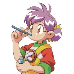 artist_request bottle brown_eyes buttons child contrast_collar drinking_straw drinking_straw_in_mouth green_sleeve_cuffs hair_bun hair_tie holding holding_bottle holding_drinking_straw milano_(milanos_odd_job_collection) milanos_odd_job_collection official_art overalls purple_hair raglan_sleeves red_sleeves second-party_source shirt short_hair single_side_bun sleeves_rolled_up three-quarter_sleeves transparent_background upper_body white_shirt yellow_overalls