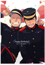 2boys black_hair buttons cake closed_eyes confetti crew_cut crossed_legs facing_viewer food golden_kamuy grin happy highres index_finger_raised long_sleeves male_focus military_uniform multiple_boys onnomono open_mouth shiraishi_yoshitake short_hair smile sugimoto_saichi