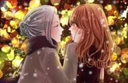 Rule 34 | 2girls, aqua eyes, bag, black scarf, blurry, blurry background, blurry foreground, blush, bokeh, brown eyes, brown hair, character request, chinese commentary, coat, commentary request, couple, depth of field, eye contact, eyelashes, from side, grey coat, grey hair, hair bun, hand on another&#039;s cheek, hand on another&#039;s face, handbag, hazuki ruri, highres, long hair, long sleeves, looking at another, mixed-language commentary, multiple girls, original, outdoors, parted lips, scarf, sidelocks, signature, snowing, upper body, wavy hair, winter, winter clothes, yuri