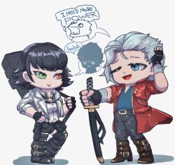 1boy 1girl anger_vein black_gloves black_hair black_pants black_shirt black_shorts boots chibi coat dante_(devil_may_cry) devil_may_cry_(series) devil_may_cry_5 fingerless_gloves gloves green_eyes grey_background heterochromia highres holding holding_sword holding_weapon jacket lady_(devil_may_cry) one_eye_closed open_mouth pants red_coat red_eyes shirt shorts simple_background smile sword vergil_(devil_may_cry) wang_yu23 weapon white_hair white_jacket white_shirt yamato_(sword)