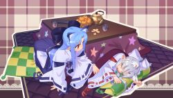 Rule 34 | 2girls, absurdres, all fours, animal ear fluff, animal ears, blue hair, blush, cat girl, checkered background, commentary request, controller, cup, cushion, food, from above, from side, fruit, hair ribbon, hakama, hakama skirt, highres, japanese clothes, kagetsu tooya, kotatsu, len (tsukihime), long hair, long sleeves, multiple girls, okuribi, orange (fruit), orange peel, outline, paw pose, pointy ears, remote control, ribbon, saliva, sidelocks, skirt, sleeping, table, tea, teapot, tsukihime, type-moon, under kotatsu, under table, white hair, white len (tsukihime), white outline, yunomi, zabuton