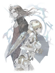 1boy 1girl android beard blonde_hair brown_hair coat dunban_(xenoblade) expressionless facial_hair fiora_(xenoblade) floating_hair grey_eyes highres long_hair ryokuyuu short_hair xenoblade_chronicles_(series) xenoblade_chronicles_1