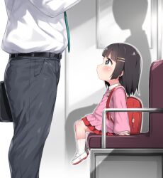 1boy 1girl backpack bag black_eyes black_hair closed_mouth commentary_request hair_ornament hairclip height_difference highres kindergarten_uniform long_sleeves medium_hair miniskirt original pink_shirt pleated_skirt randoseru red_bag red_skirt shirt shoes sitting skirt socks tamase_tama train_interior uwabaki white_socks