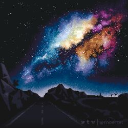 animated animated_gif artist_name black_sky galaxy hill looping_animation moertel night night_sky no_humans original outdoors pixel_art road scenery shooting_star sky