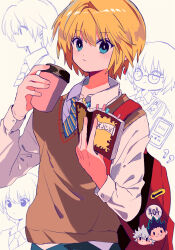 1boy aqua_eyes backpack bag blonde_hair brown_vest casual character_sticker cup highres holding holding_cup holding_notebook hunter_x_hunter kurapika looking_at_viewer male_focus multiple_views notebook red_bag sanamaru_(sana79261827) shirt short_hair solo vest white_shirt