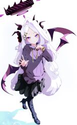 1girl absurdres ahoge black_halo black_skirt blue_archive demon_girl demon_horns demon_wings full_body halo highres hina_(blue_archive) hood hooded_jacket hoodie horns jacket kano_shichi7 long_hair looking_at_viewer purple_eyes simple_background skirt solo standing white_background white_hair wings