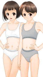 2girls blush bra breasts brown_eyes brown_hair clothes_writing collarbone crotch_seam dedenden_(pixiv30568724) freckles grey_bra grey_panties hand_on_own_hip hands_on_own_hips highres looking_at_viewer multiple_girls navel open_mouth original panties short_hair small_breasts standing underwear white_background white_bra white_panties