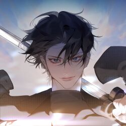 1girl androgynous black_hair black_shirt blue_eyes closed_mouth hair_between_eyes highres holding holding_sword holding_weapon nakddidi original parted_bangs shirt short_hair smile solo sword turtleneck turtleneck_shirt upper_body weapon